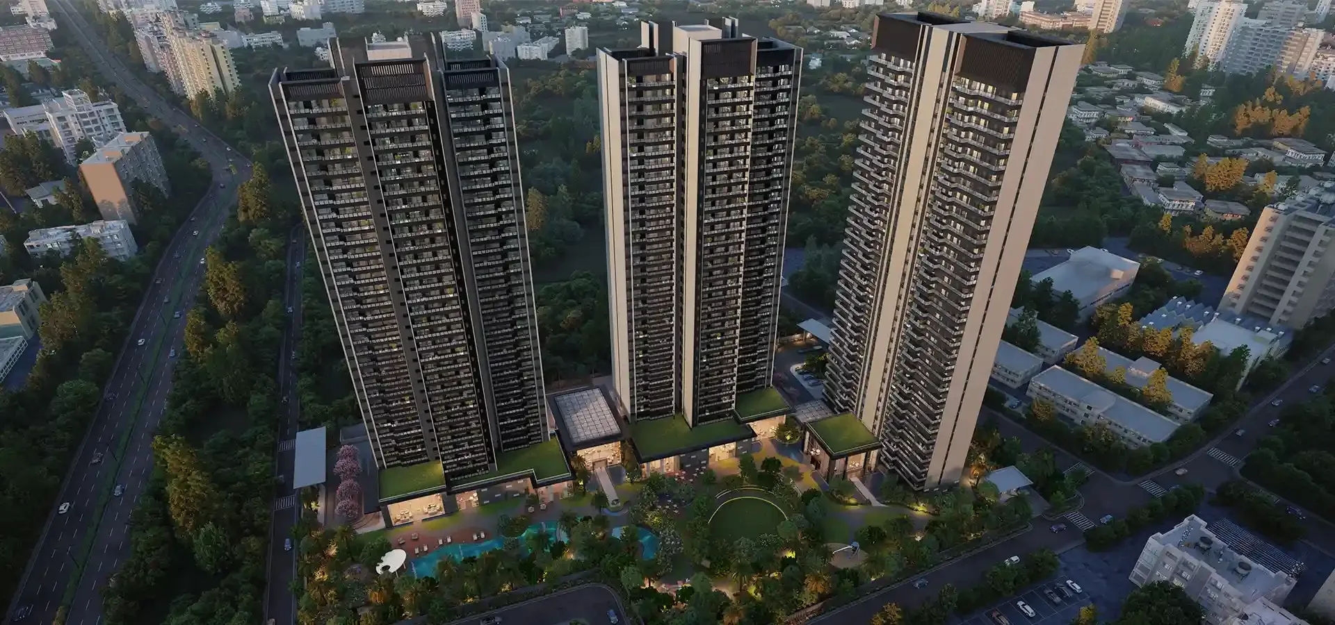 Godrej Miraya towers above reflective pools and landscaped lawns, Sector 43 Golf Course Road