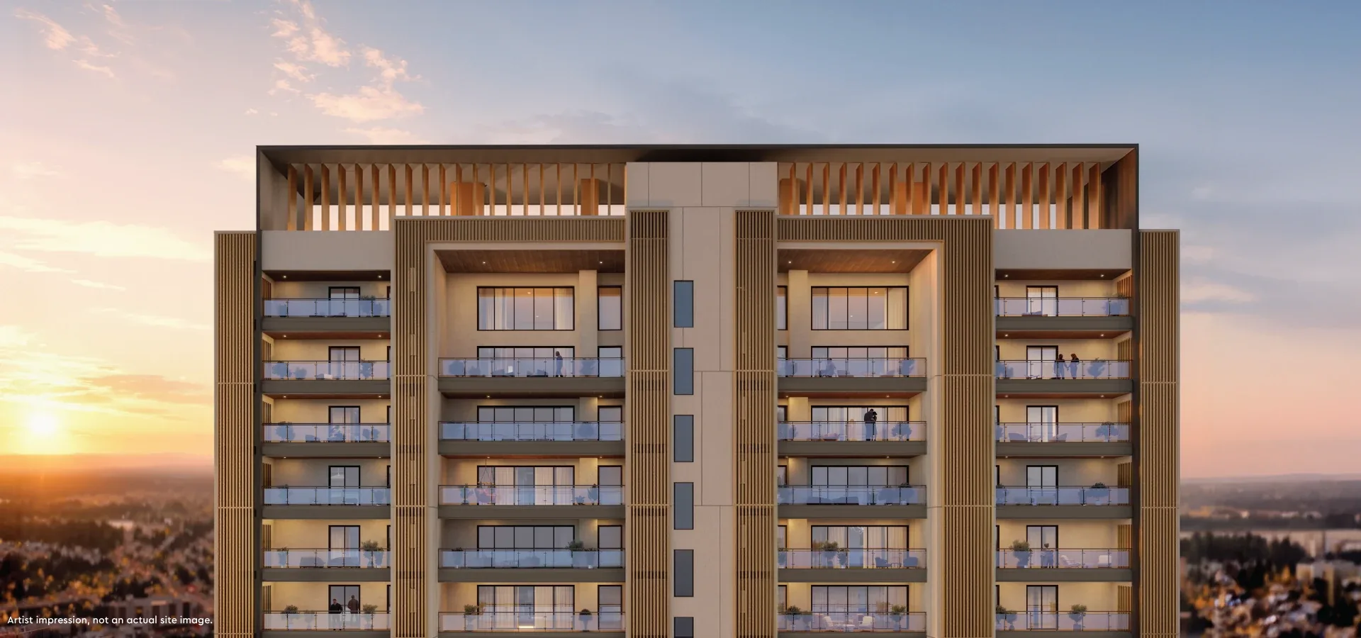 Godrej Samaris towers behind a topiary garden and tree-lined boulevard, Sector 53 Gurugram